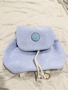 Stoney Clover Lane Light Blue Terry Cloth Backpack with Smiley Patch